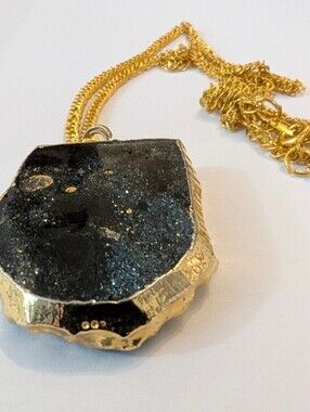 Boho Raw Black Druzy Agate Geode Slice Electroplated Gold Pendant (2" x 1.75")